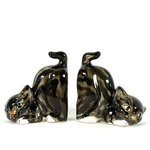 Vintage 70s SEYMOUR MANN Book Ends Pair Tabby Kitten Cat Porcelain Striped Japan